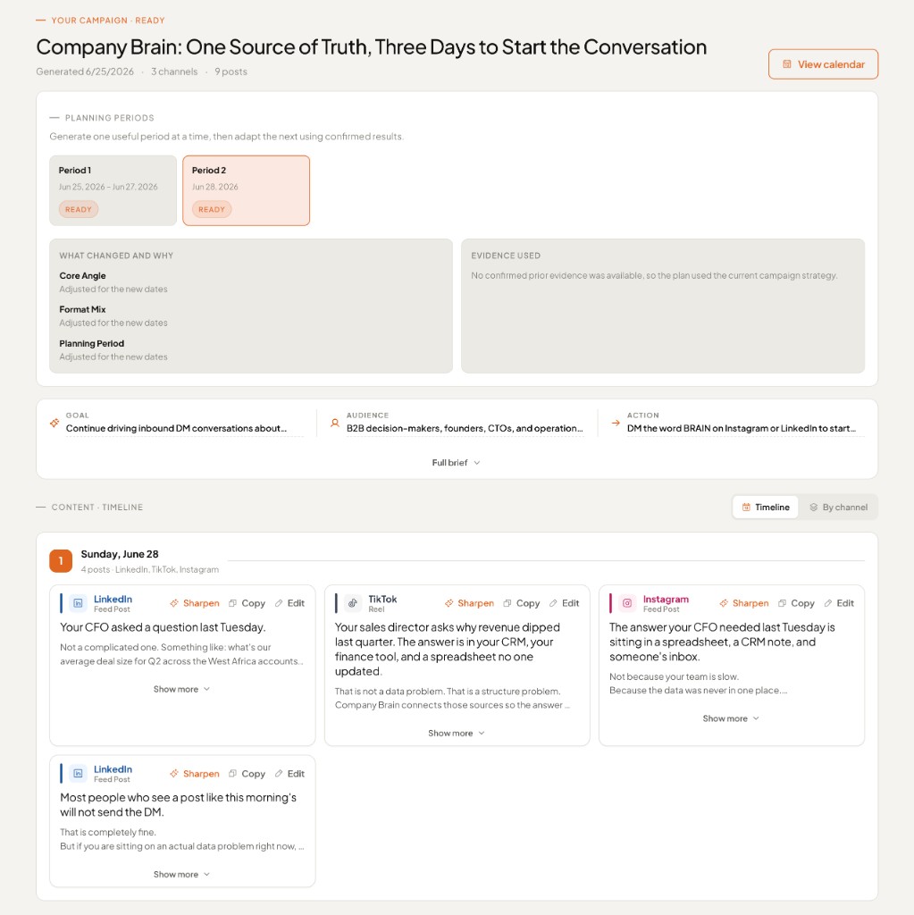 Campaign result screen showing strategy, timeline, and channel-ready posts