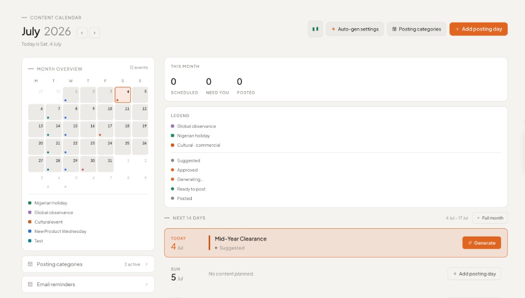Content calendar showing scheduled posts, market events, and approval queue